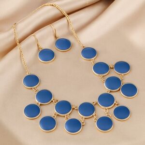 Blue Disc Statement Necklace Set – Gold Chain w/ Matching Drop Earrings Jewelry
